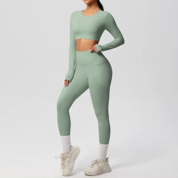 Premium Essentials Two-Piece Fitness Set | Long Sleeve Crop Top & High-Waist Pocket Leggings System - Image 12