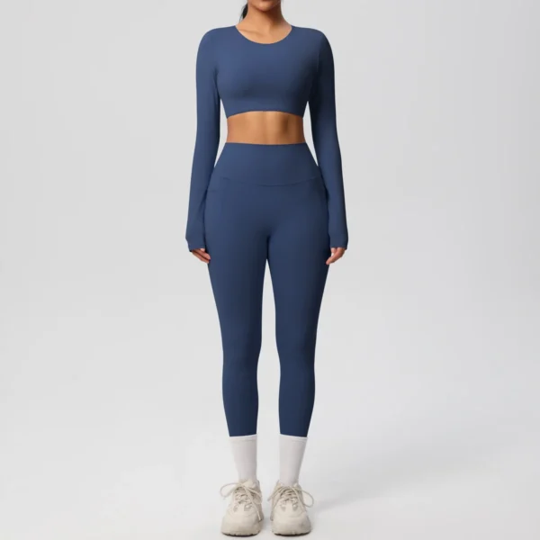 Premium Essentials Two-Piece Fitness Set | Long Sleeve Crop Top & High-Waist Pocket Leggings System