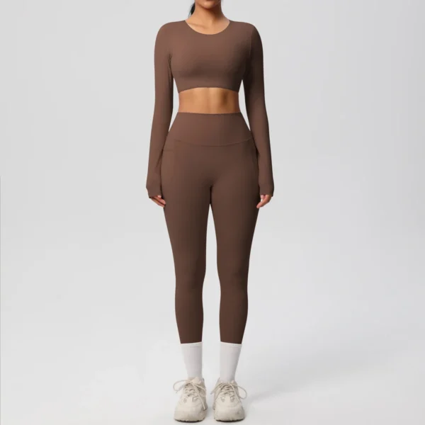 Premium Essentials Two-Piece Fitness Set | Long Sleeve Crop Top & High-Waist Pocket Leggings System - Image 6