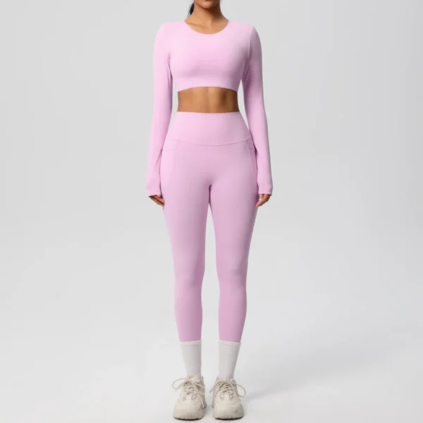Premium Essentials Two-Piece Fitness Set | Long Sleeve Crop Top & High-Waist Pocket Leggings System - Image 27