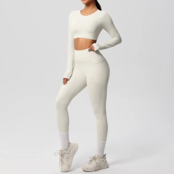 Premium Essentials Two-Piece Fitness Set | Long Sleeve Crop Top & High-Waist Pocket Leggings System - Image 16