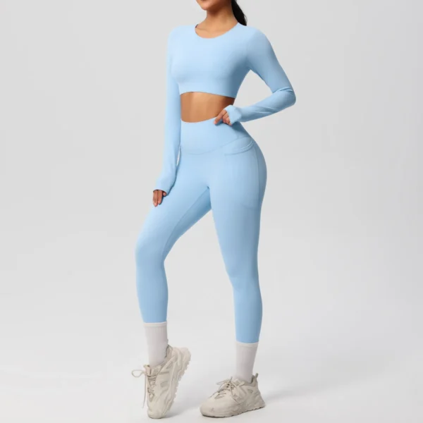 Premium Essentials Two-Piece Fitness Set | Long Sleeve Crop Top & High-Waist Pocket Leggings System - Image 22