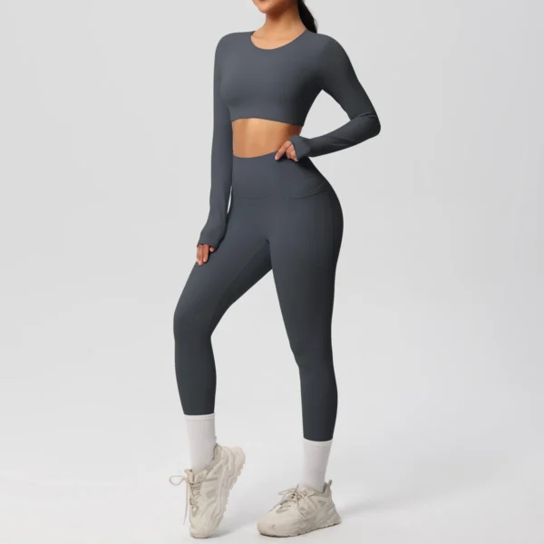 Premium Essentials Two-Piece Fitness Set | Long Sleeve Crop Top & High-Waist Pocket Leggings System - Image 19
