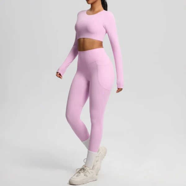 Premium Essentials Two-Piece Fitness Set | Long Sleeve Crop Top & High-Waist Pocket Leggings System - Image 5