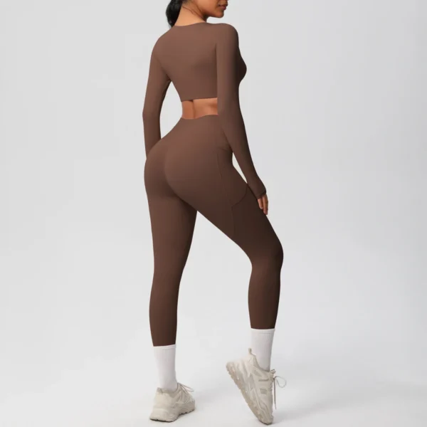 Premium Essentials Two-Piece Fitness Set | Long Sleeve Crop Top & High-Waist Pocket Leggings System - Image 9