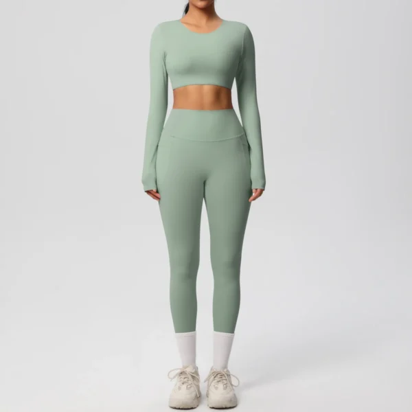 Premium Essentials Two-Piece Fitness Set | Long Sleeve Crop Top & High-Waist Pocket Leggings System - Image 11