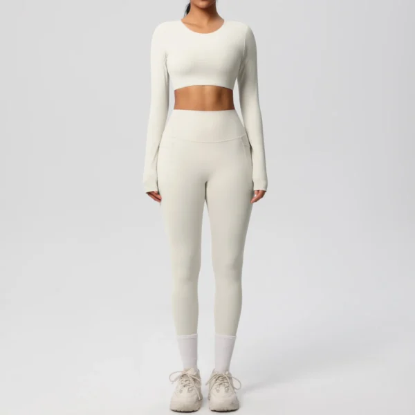 Premium Essentials Two-Piece Fitness Set | Long Sleeve Crop Top & High-Waist Pocket Leggings System - Image 15