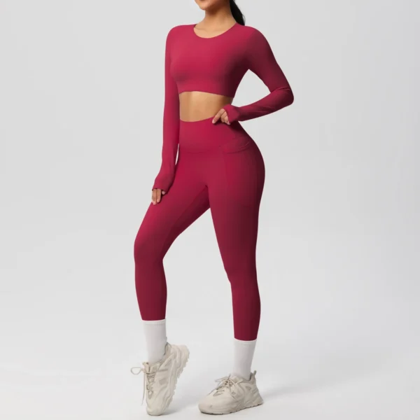 Premium Essentials Two-Piece Fitness Set | Long Sleeve Crop Top & High-Waist Pocket Leggings System - Image 25